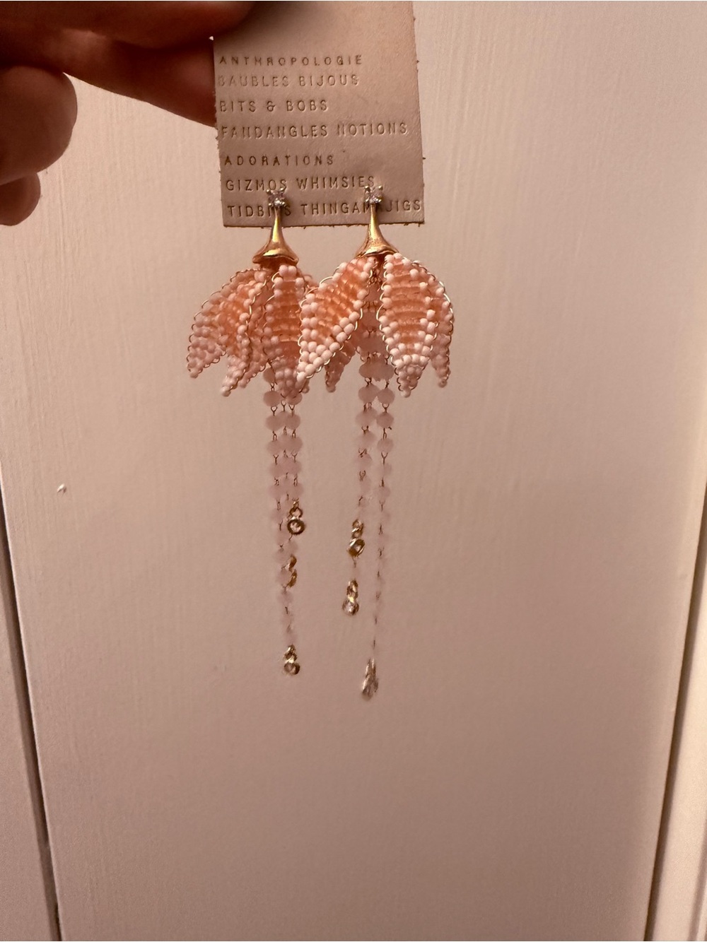 Anthropologie Blush Pink Beaded Leaf Drop Earrings with Gold Accents